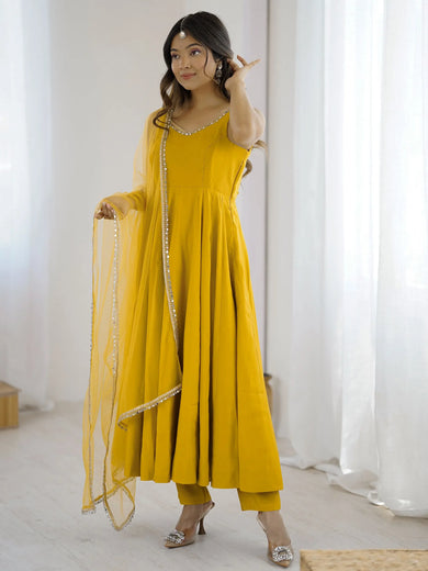 Awesome Yellow Lace Work Chanderi Silk Haldi Wear Anarkali Suit With Dupatta